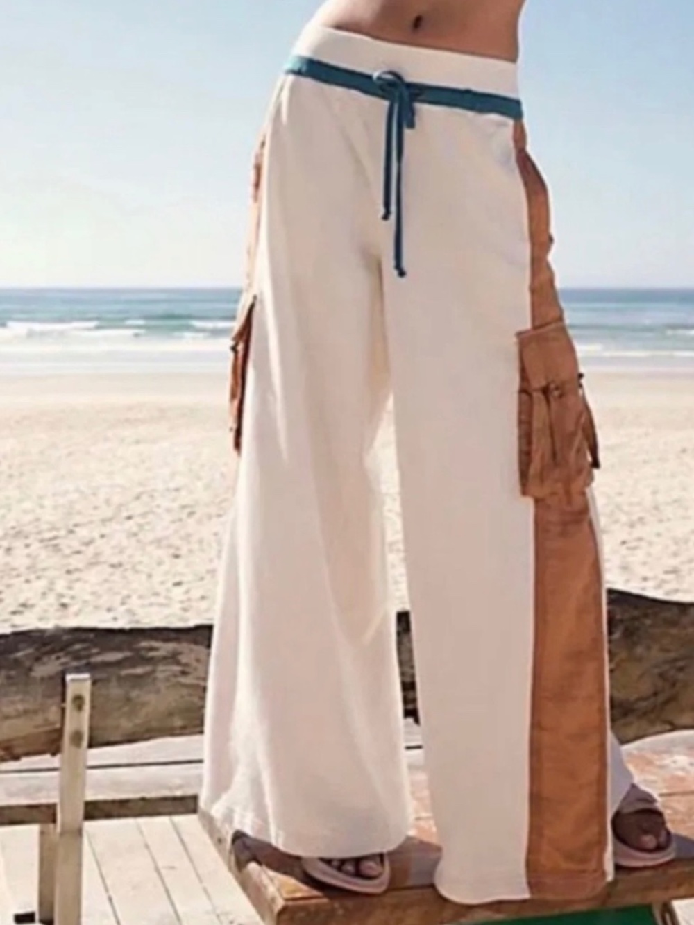 FREE PEOPLE MOVEMENT: “PLAYOFF COLORBLOCK WIDE-LEG PANTS”: Ivory/teal/tan: XL
